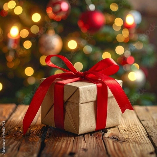 Obraz ラスティックな木製テーブルと小さなギフトボックスの温かいクリスマス雰囲気