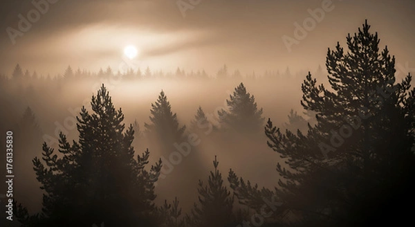 Obraz Misty forest scene with sun peeking through the fog, creating a serene atmosphere.