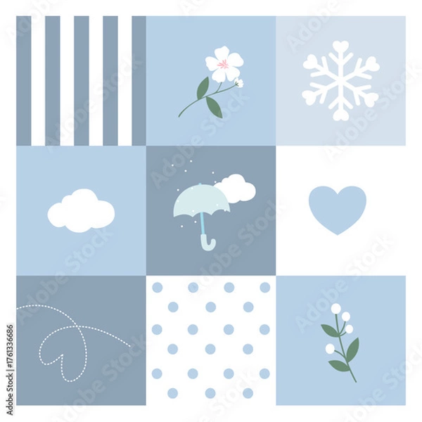Obraz Minimalist Winter and Rain Pattern Vector with Blue Pastel Squares and Cute Elements