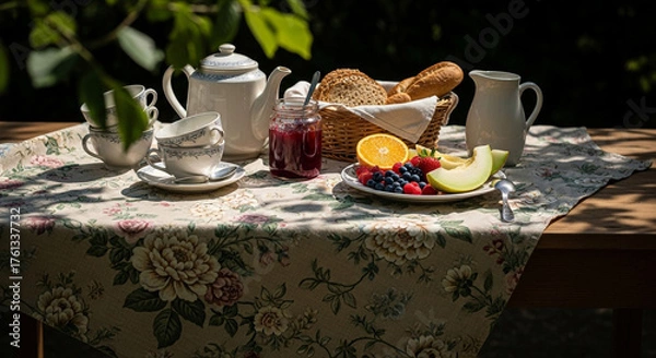 Obraz Breakfast table setting with tea, bread, jam, and fruit in a garden.
