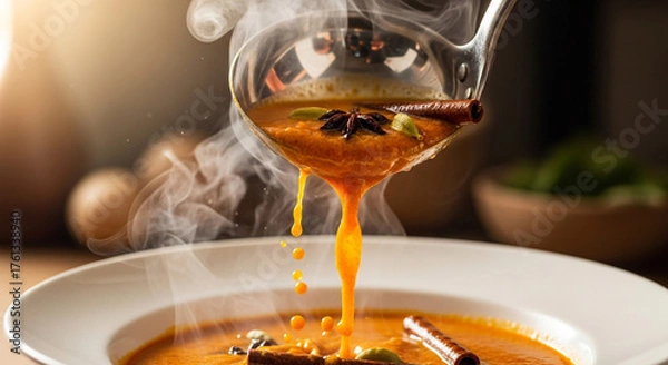Obraz Steaming orange soup or curry being poured from a ladle into a white bowl with spices.