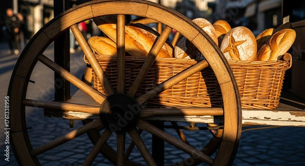 Obraz Wooden cart filled with various loaves of bread, showcasing a rustic bakery display.