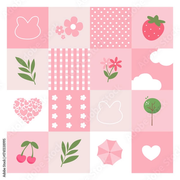 Obraz Cute Pink Spring Pattern with Flowers, Bunny, and Fruits Vector Illustration