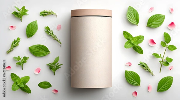 Obraz Herbal tea tin organic minimal beige cylindrical wooden lid mint basil rosemary petals calm wellness packaging white background with fresh leaves and soft pink petals, clean studio mockup