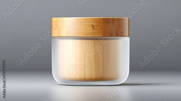 Obraz Frosted jar bamboo lid cosmetic container minimal design neutral gray background studio lighting skincare packaging eco friendly clean aesthetic mockup
