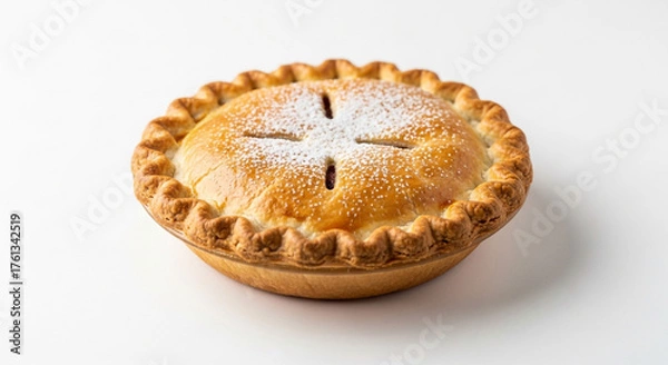 Fototapeta Close-up shot of a freshly baked, golden-brown pie with a decorative crust and powdered sugar.
