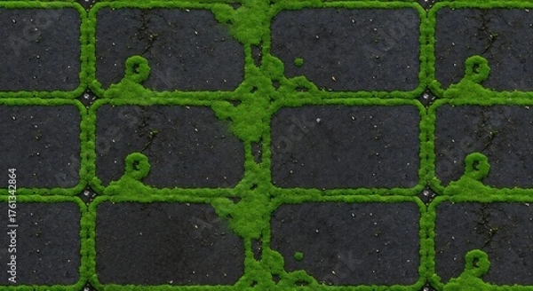 Obraz Gray brick pavement with lush green moss growing between the bricks creating a pattern