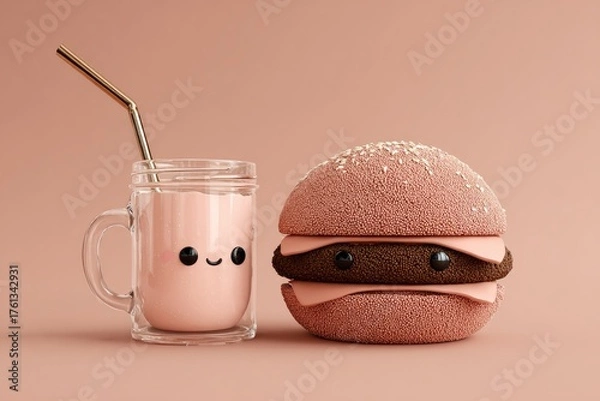 Obraz Cute Cartoon Burger and Milkshake Still Life.
