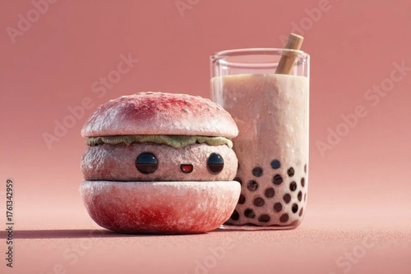 Obraz Cute Kawaii Burger and Bubble Tea Drink.