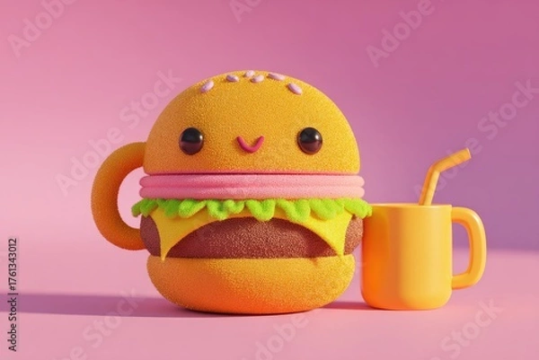 Obraz Cute Kawaii Hamburger and Drink Mug Characters.