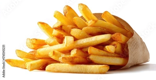 Obraz Delicious Golden French Fries in a Paper Bag on White Background.