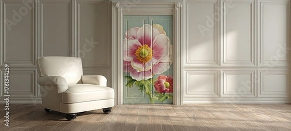 Obraz Elegant Room with Floral Door and Armchair.