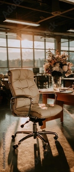 Obraz Empty Executive Office Chair during a Golden Sunset.