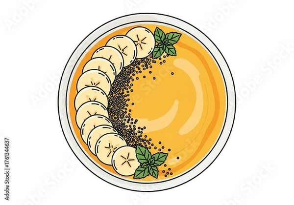 Fototapeta An illustrated top-down view of a yellow smoothie bowl decorated with sliced bananas, black seeds, and fresh mint leaves.