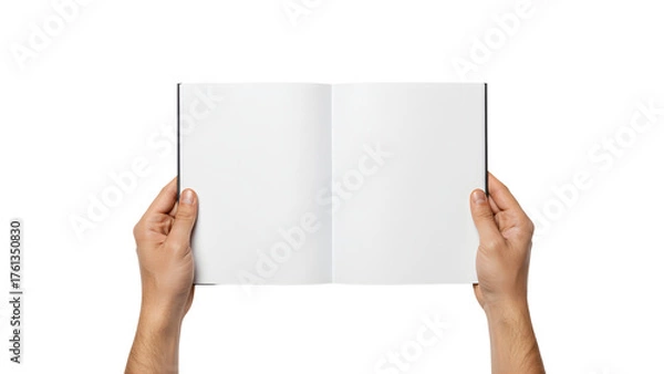 Obraz Person holding closed blank book in both hands with white cover