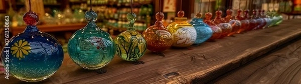 Fototapeta Colorful glass wind chimes Japanese toy store, soft light delicate close-up, transparent spheres with painted flowers, traditional decoration cheerful atmosphere