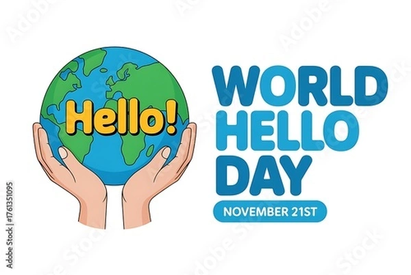 Fototapeta Hands holding the earth with world hello day text