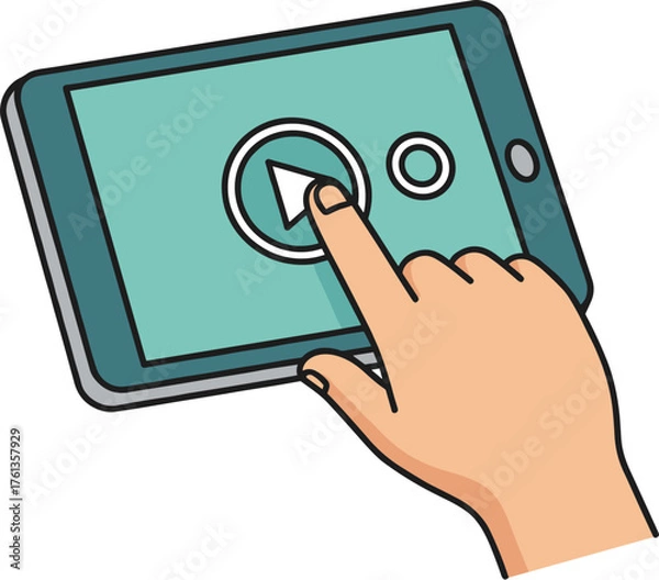 Fototapeta Hand Interacting with Tablet for Entertainment and Education: Modern Technology Device for Streaming Media and Online Learning, Digital Content Access, Connectivity and User Interface Interaction, Ill