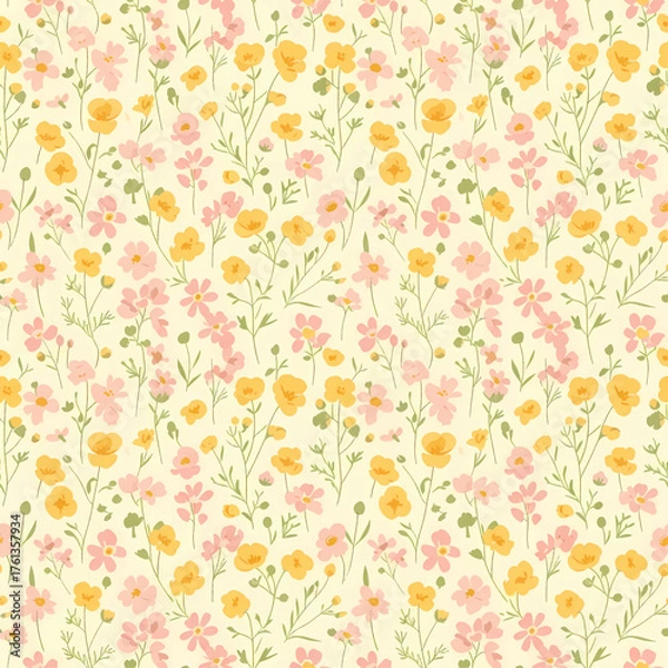 Fototapeta A seamless pattern of small yellow and pink wildflowers with green stems on a pale yellow background.
