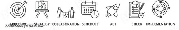 Obraz Action plan banner vector illustration concept with icon of objective, strategy, collaboration, schedule, act, check, and implementation