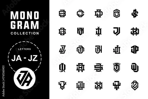Fototapeta Monogram collection letter JA until JZ with interlock, recline, modern, vintage, classic style good for brand, clothing, apparel, streetwear, baseball, basketball, football and etc