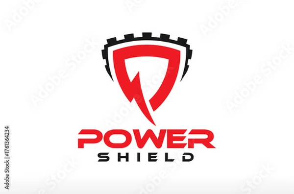 Fototapeta Power Shield Logo Design, Safe and Secure Electricity Logo, electric security power line logo, spark icon, flash energy with gear logo Vector Icon Symbol Silhouette Illustration brand business company