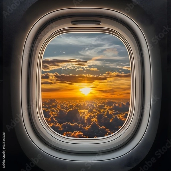 Fototapeta Breathtaking Sunset View from Airplane Window with Colorful Clouds