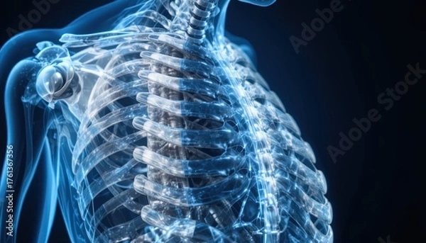 Fototapeta Detailed 3D render of human skeletal system with stunning blue highlights showcasing ribs, collarbone and shoulder for medical illustration and research
