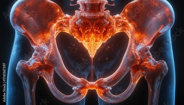 Fototapeta Stunning 3D render of a luminous pelvis, perfect for medical illustration or anatomy education, ideal for textbooks or online learning platforms
