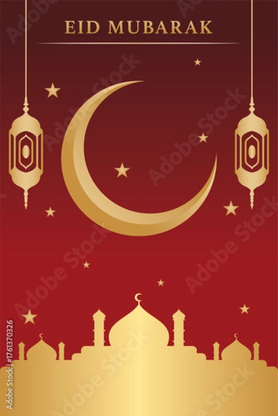 Fototapeta Lettering, Illustration Happy Eid Mubarak with This Elegant Golden Mosque On A Rich Red Background, Vector Calligraphy Design, Usable for Poster, Banners, Postcards, Wallpaper, Gifts etc.