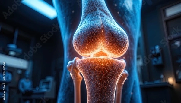 Fototapeta Explore the intricate details of a human knee joint in this stunning anatomical visualization perfect for medical, educational, and healthcare content