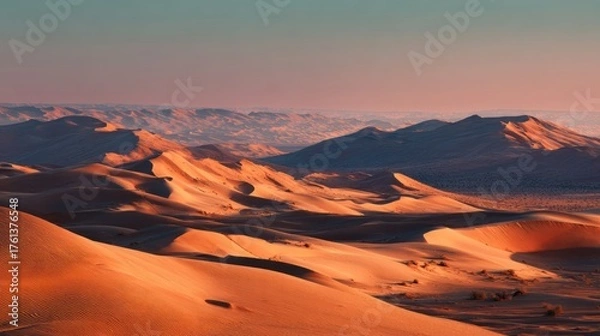 Fototapeta Golden hour illuminates majestic sand dunes and distant mountains in a vast desert landscape