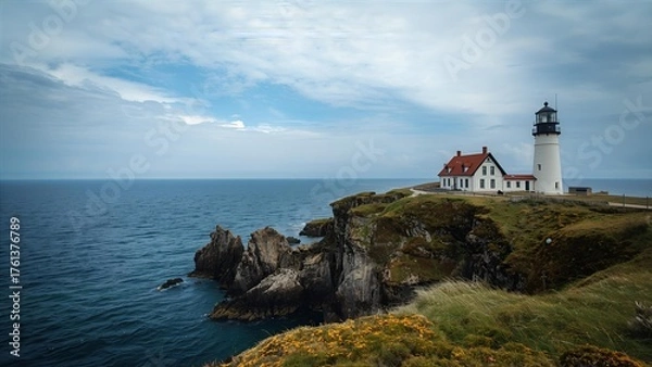 Fototapeta A lighthouse on a remote island in the middle of the sea. Emotions, loneliness, isolation.