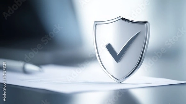 Fototapeta Silver shield rests on document protective silver shield placed over important paper