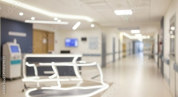 Obraz Blurred Tranquil Hospital Hallway with Empty Reception Area and Soft Lighting
