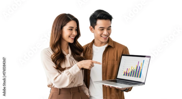 Obraz Confident business partners collaborating on financial data presentation with laptop showing growth charts