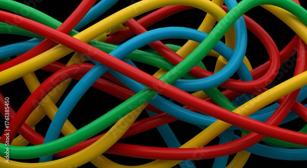 Fototapeta Colorful Intertwined Cables on Black Backdrop for Technology and Design Projects