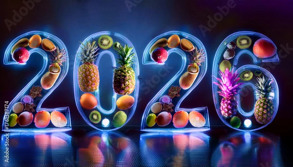 Fototapeta the number 2026 from fruits and neon lights
