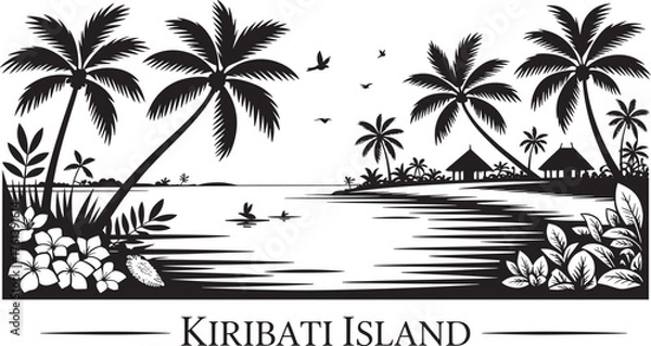 Fototapeta Kiribati Island Coastal Scene with Palm Trees Huts and Birds Flying Tropical Vector