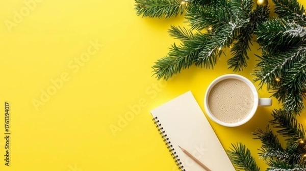 Obraz Coffee cup, paper notebook and christmas tree branch on a yellow background. Minimalistic flat-lay of workspace with modern aesthetic
