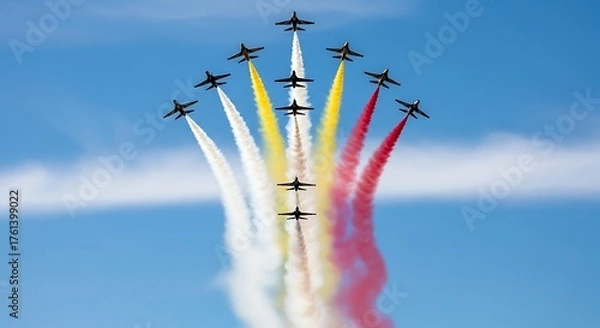 Fototapeta A formation of fighter jets flying in the sky with colored smoke trails during an air show display