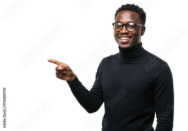 Fototapeta Smiling man pointing to the side isolated on transparent background