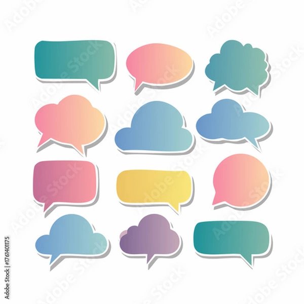 Fototapeta Twelve colorful speech bubbles with gradient fills and white borders arranged on a white background, resembling stickers.