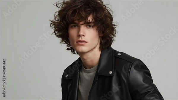 Fototapeta Handsome man with fair skin and curly hair wearing a leather jacket, Taylor, fashion editorial