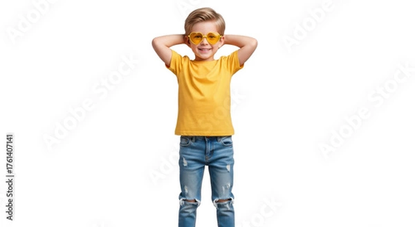 Obraz Joyful young boy with heart sunglasses smiling confidently, hands behind head, radiating happiness and carefree summer vibes.
