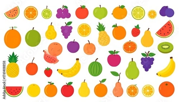 Fototapeta A collection of various colorful, fresh, and ripe fruit icons scattered about