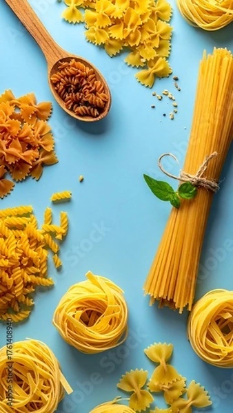 Fototapeta A collection of various dried pasta shapes on a light blue surface