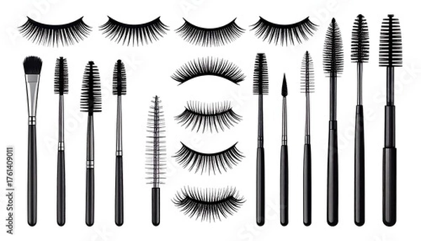 Fototapeta A collection of various makeup brushes and false eyelashes