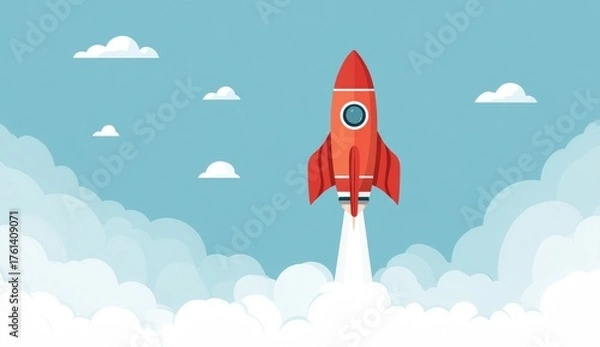 Obraz Red rocket launching through clouds