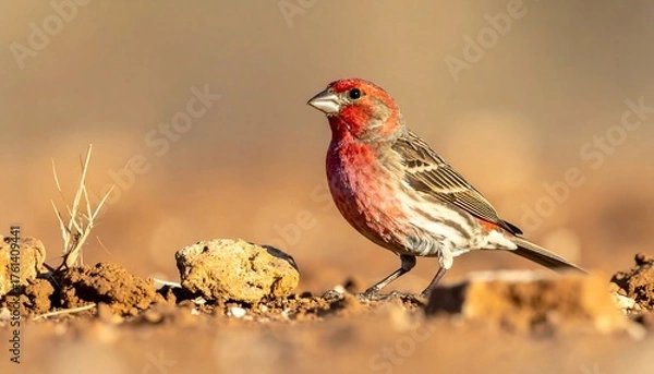 Fototapeta A colorful avian creature stands in an environment with brown tones